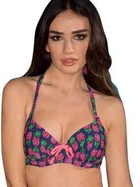 Pour Moi Pineapple Padded Bikini Top, Halter Neck, Size 32G UK/32I US, Navy